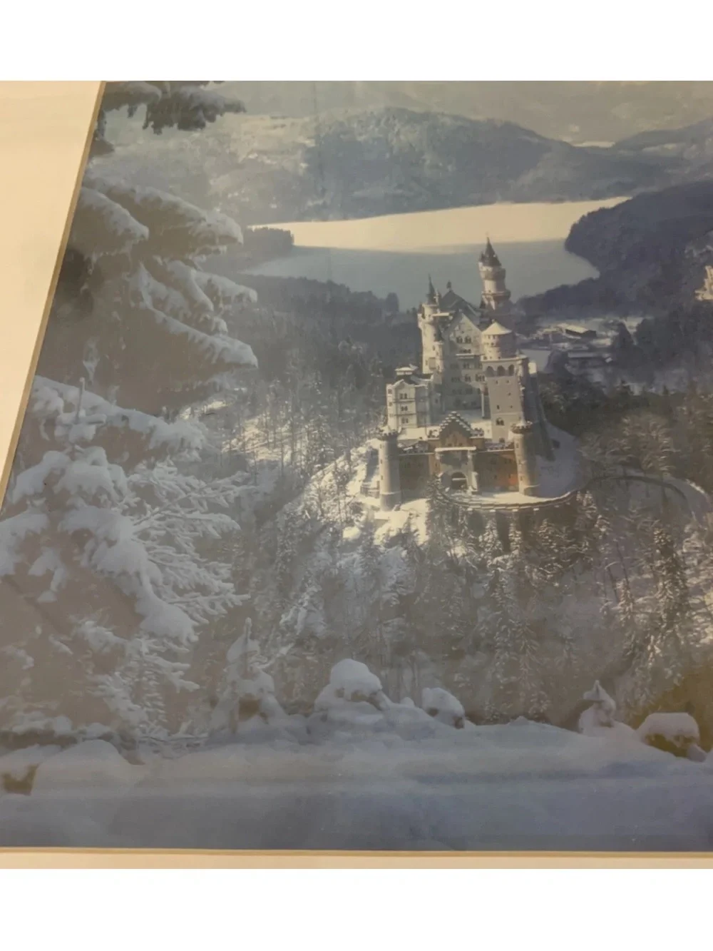 Vintage Neuschwanstein Castle Print Framed Snow